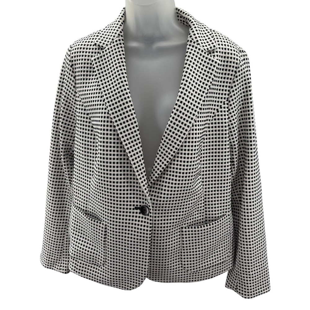 Talbots Womens Black White Gingham Check Textured Blazer Jacket Size Large